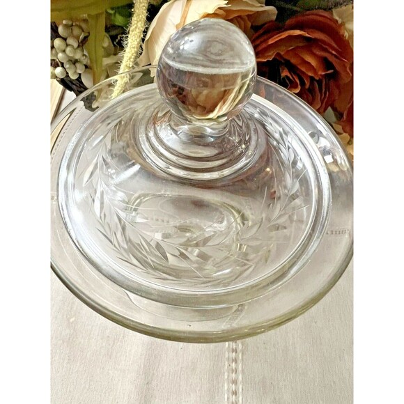Tiffin Glass Lidded Candy Dish with Gold Engraved Flowers – 9” Tall - Picture 2 of 7